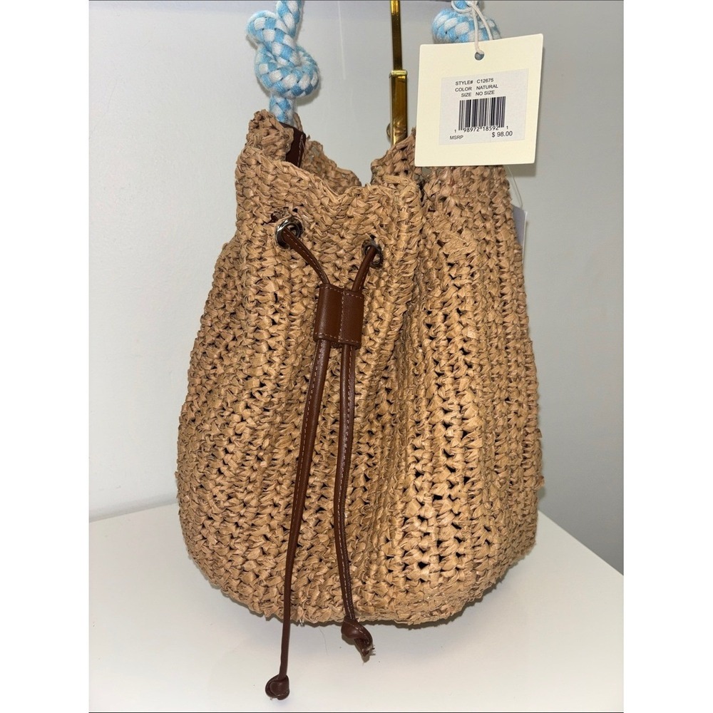 Straw Drawstring Bucket Bag with Light Blue Rope Handle NWT NEW Sol and Mer - Picture 4 of 11